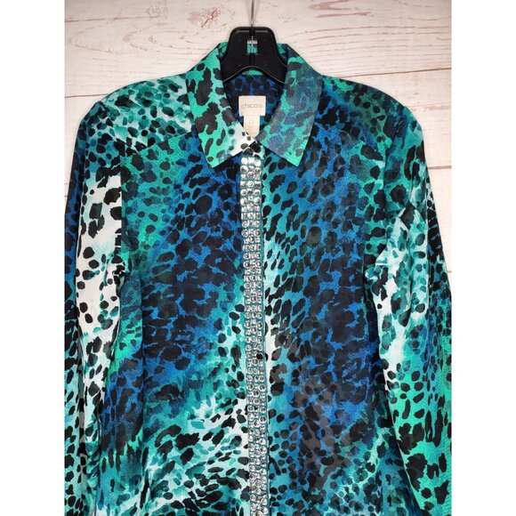 Rare Chico's Aqua Green Leopard Design Faux Diamond Rhinestone Button Up Shirt - Picture 3 of 12